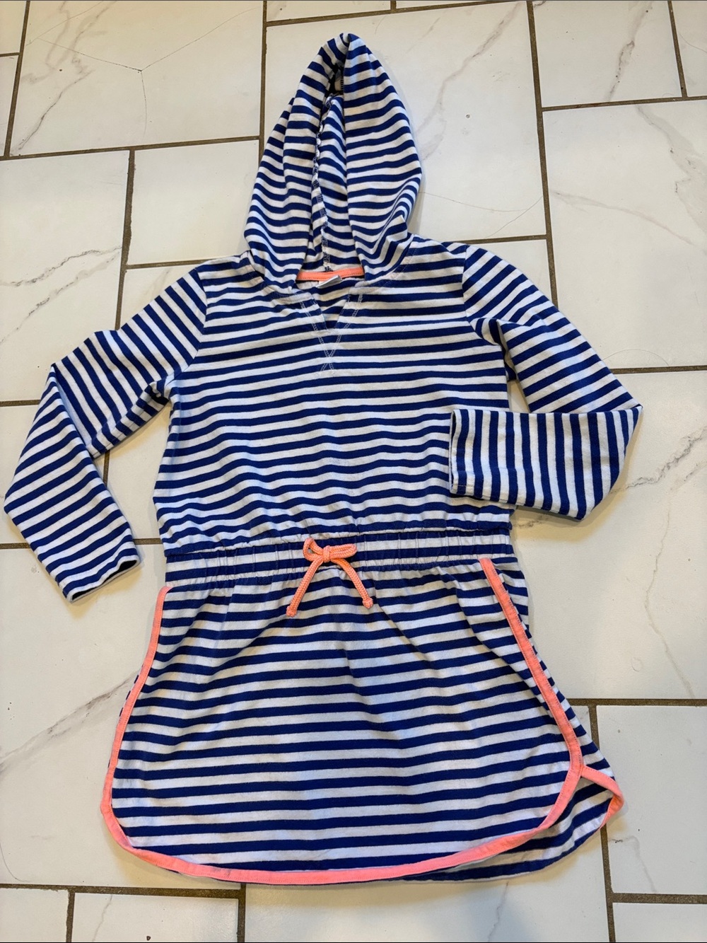 Gymboree Blue, White Striped Hooded Dress with Coral Trim - so cute! size 7/8